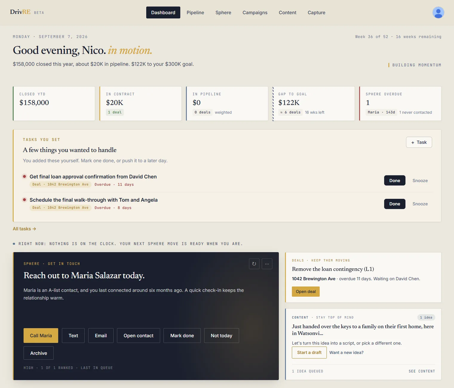 The DrivRE dashboard, showing one suggested person to reach out to with the reason underneath, a deal that needs a nudge, and a content idea.
