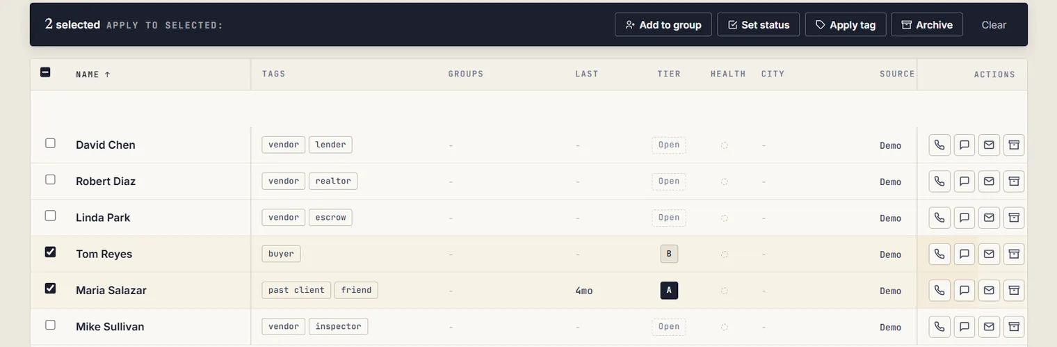 A contact list in DrivRE with two people selected and a bar offering Add to group, Set status, Apply tag and Archive.