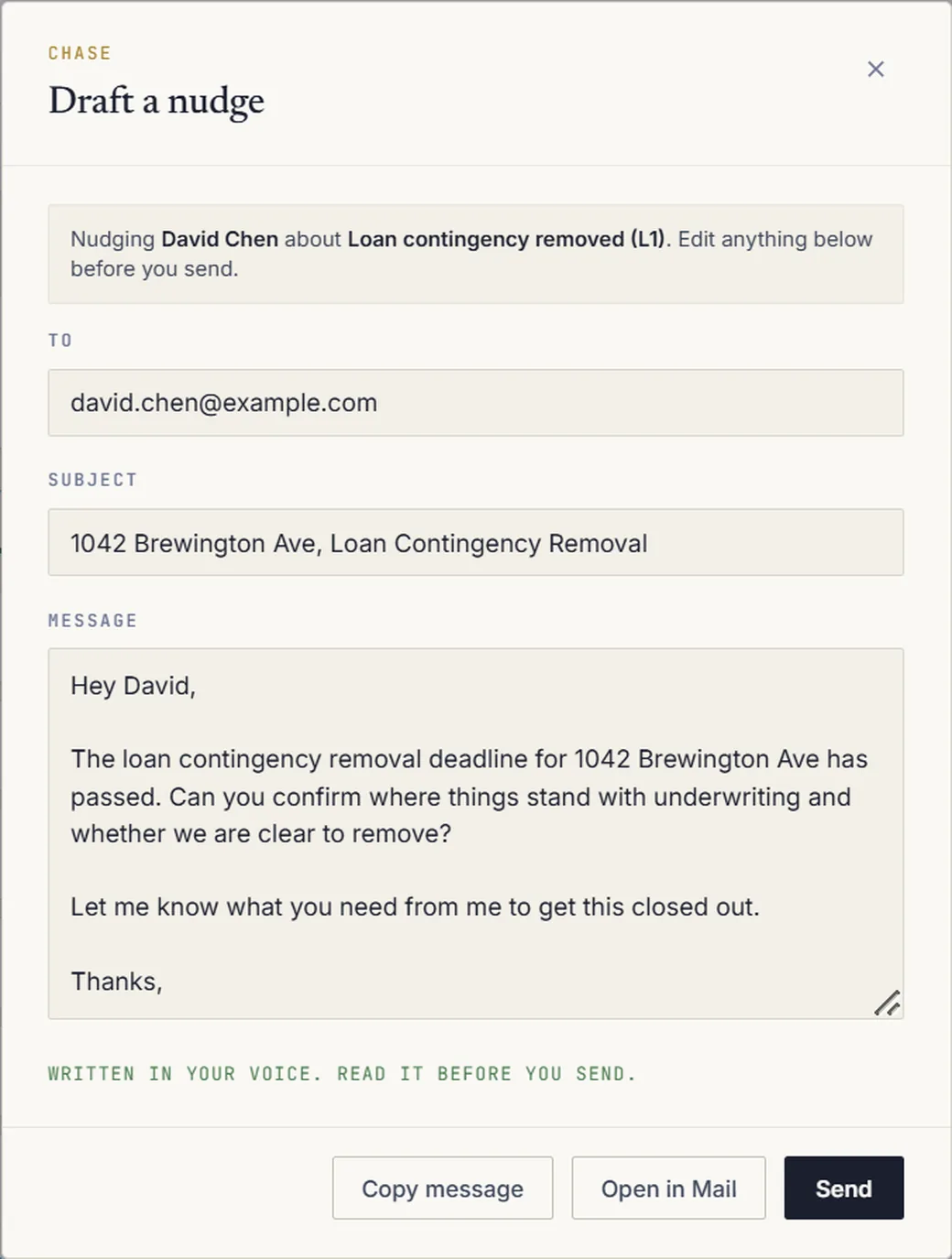 A drafted chase email to a lender about a missed loan contingency deadline, with Copy message, Open in Mail and Send buttons.