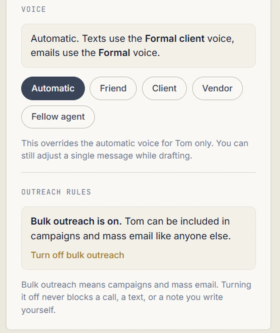 Per-contact voice settings in DrivRE offering Automatic, Friend, Client, Vendor and Fellow agent, above outreach rules.
